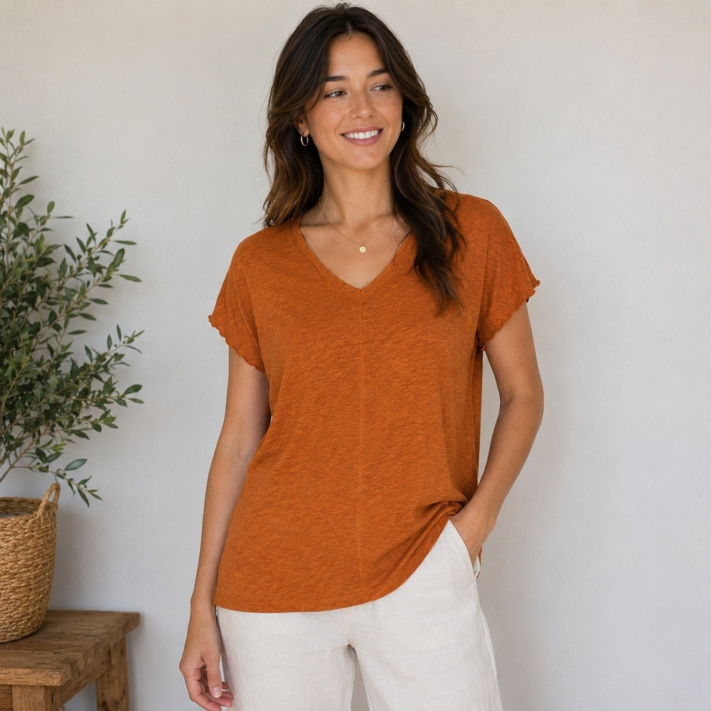 J. Jill Love Linen Top Womens XS Rust Orange V-Neck Short Sleeve 100% Linen Boxy